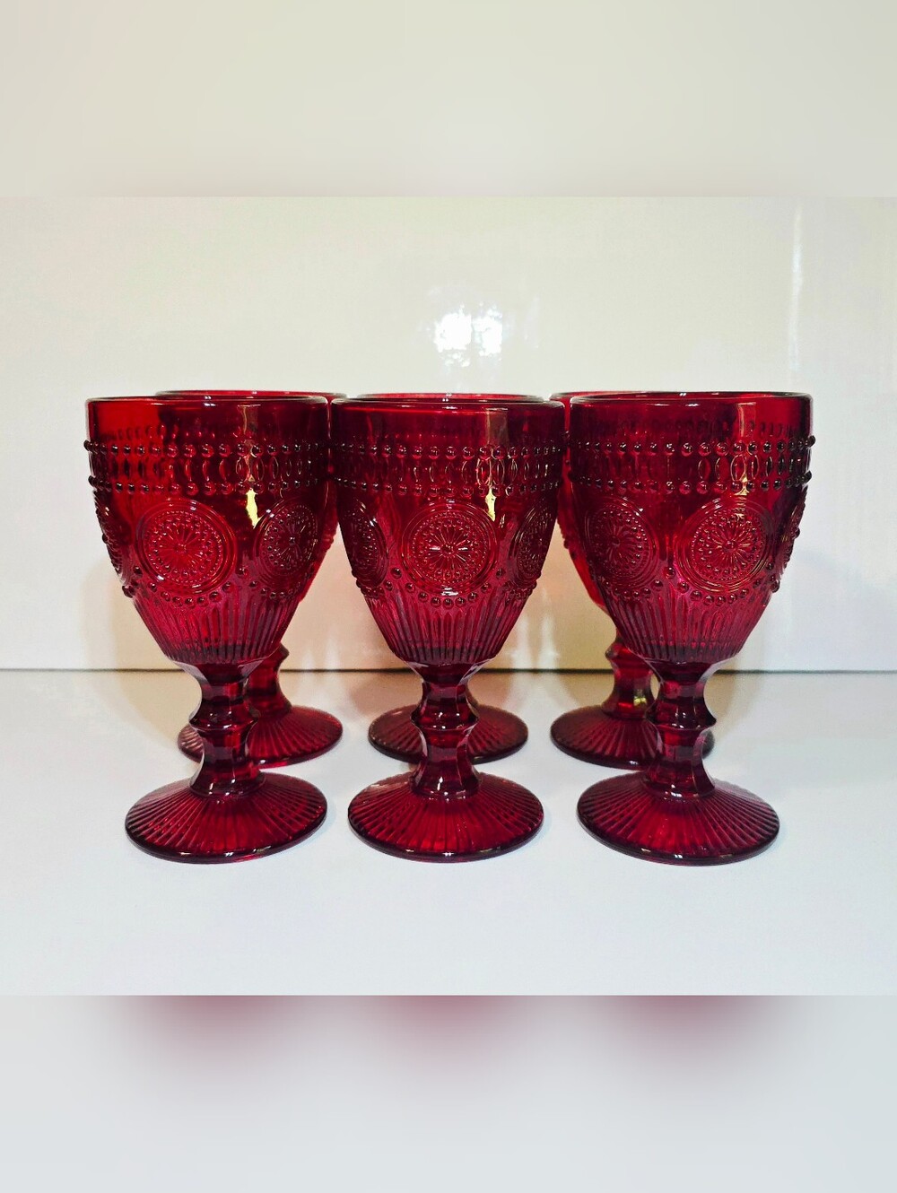Ruby Red Embossed Glass Goblets Set of 6 Flash Painted Drinking Glassware 6.75"